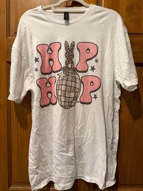 NWOT White Graphic Tee with Pink 'Hop Hop' disco bunny Design